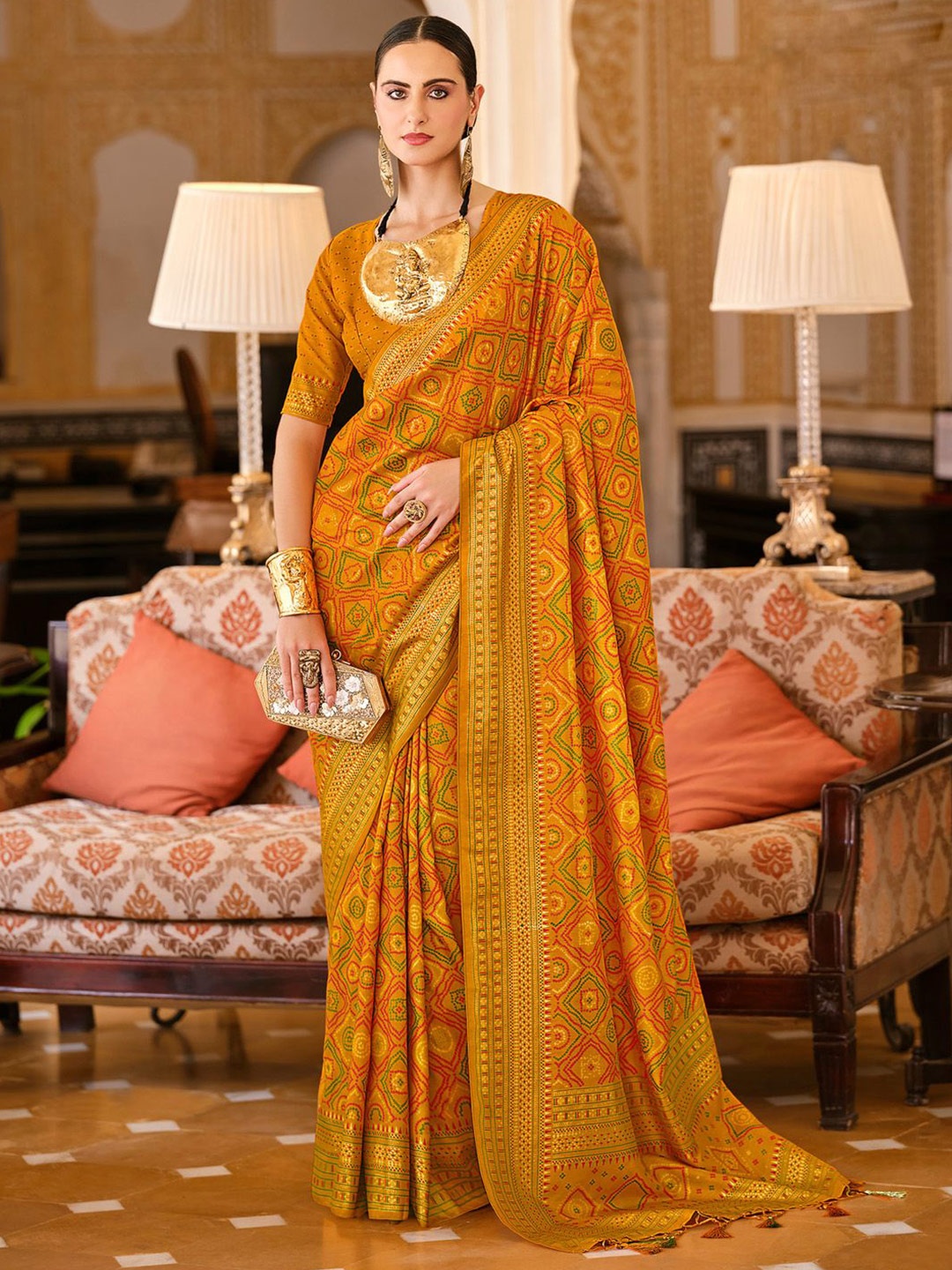 

Anouk Bandhani Mustard Silk Blend Ethnic Printed Festive Wear Saree with Matching Blouse