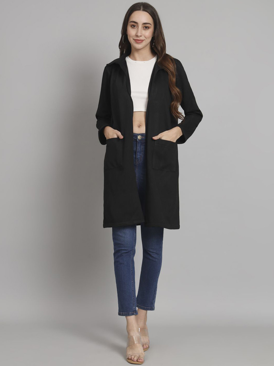 

Curvydrobe Women Longline Open Front Jacket, Black