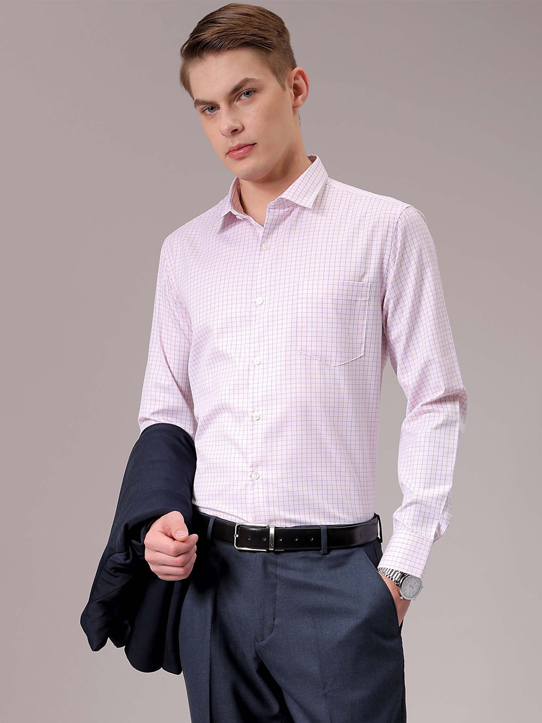 

The Indian Garage Co. X Luxe Men Spread Collar Micro Checked Slim Fit Formal Shirt, Pink