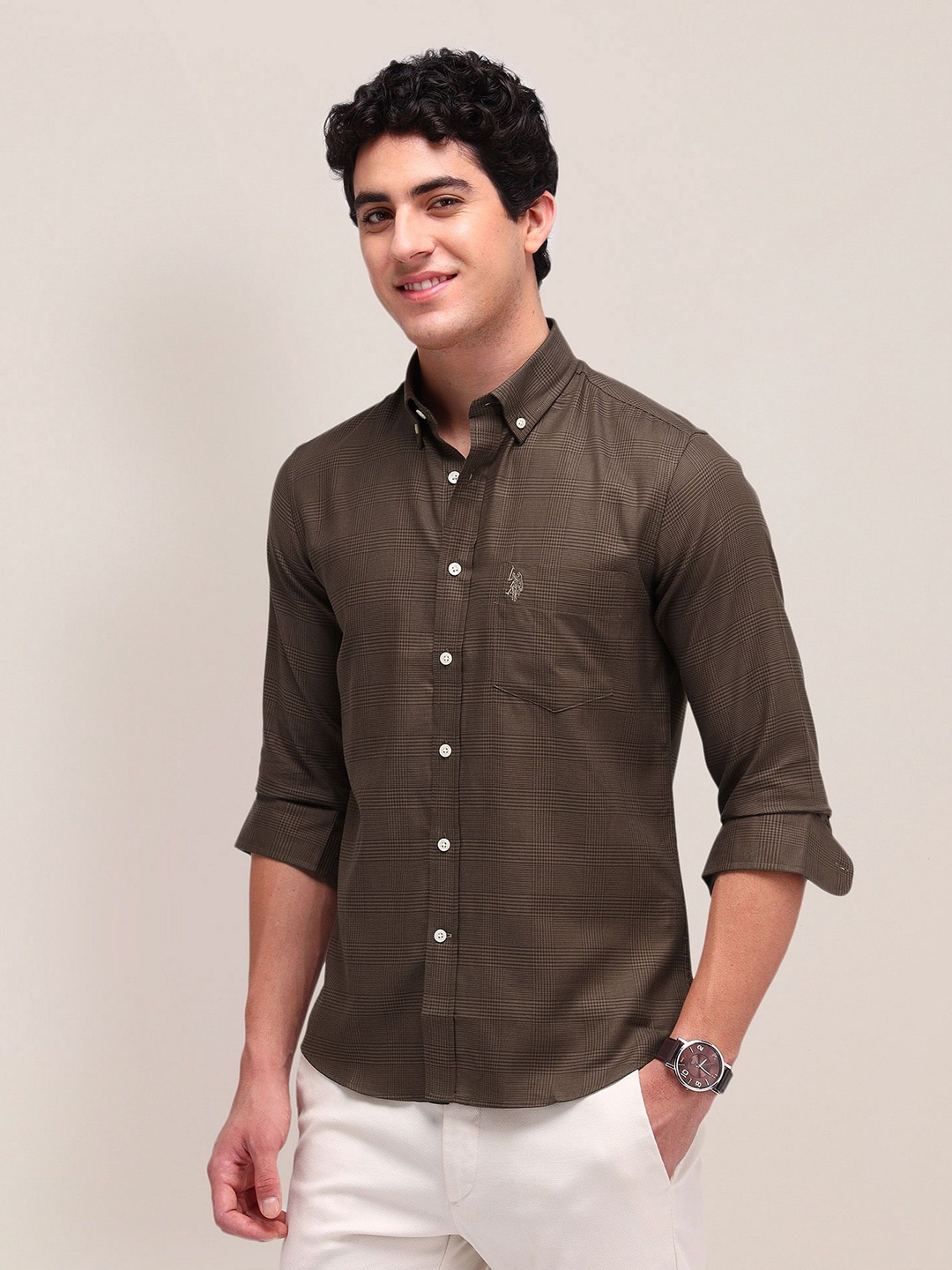 

U.S. Polo Assn. Men Classic Button-Down Collar Checked Cotton Casual Shirt, Brown