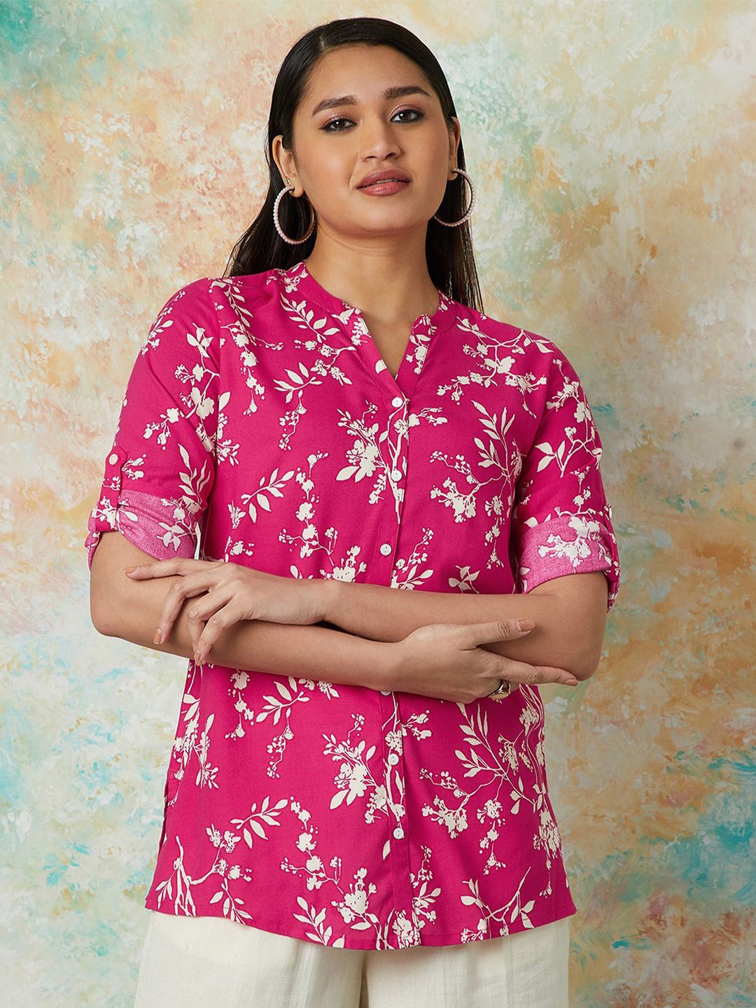 

Melange by Lifestyle Women Mandarin Collar Floral Printed Tunic, Pink