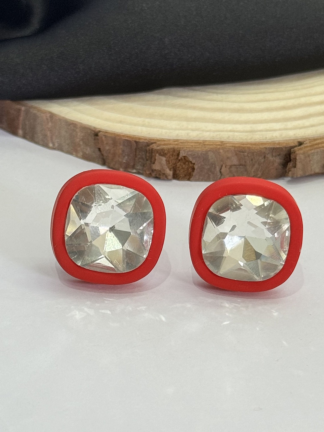 

The Jewellery Tale Crystal Stone Studded Square Shaped Studs, Red