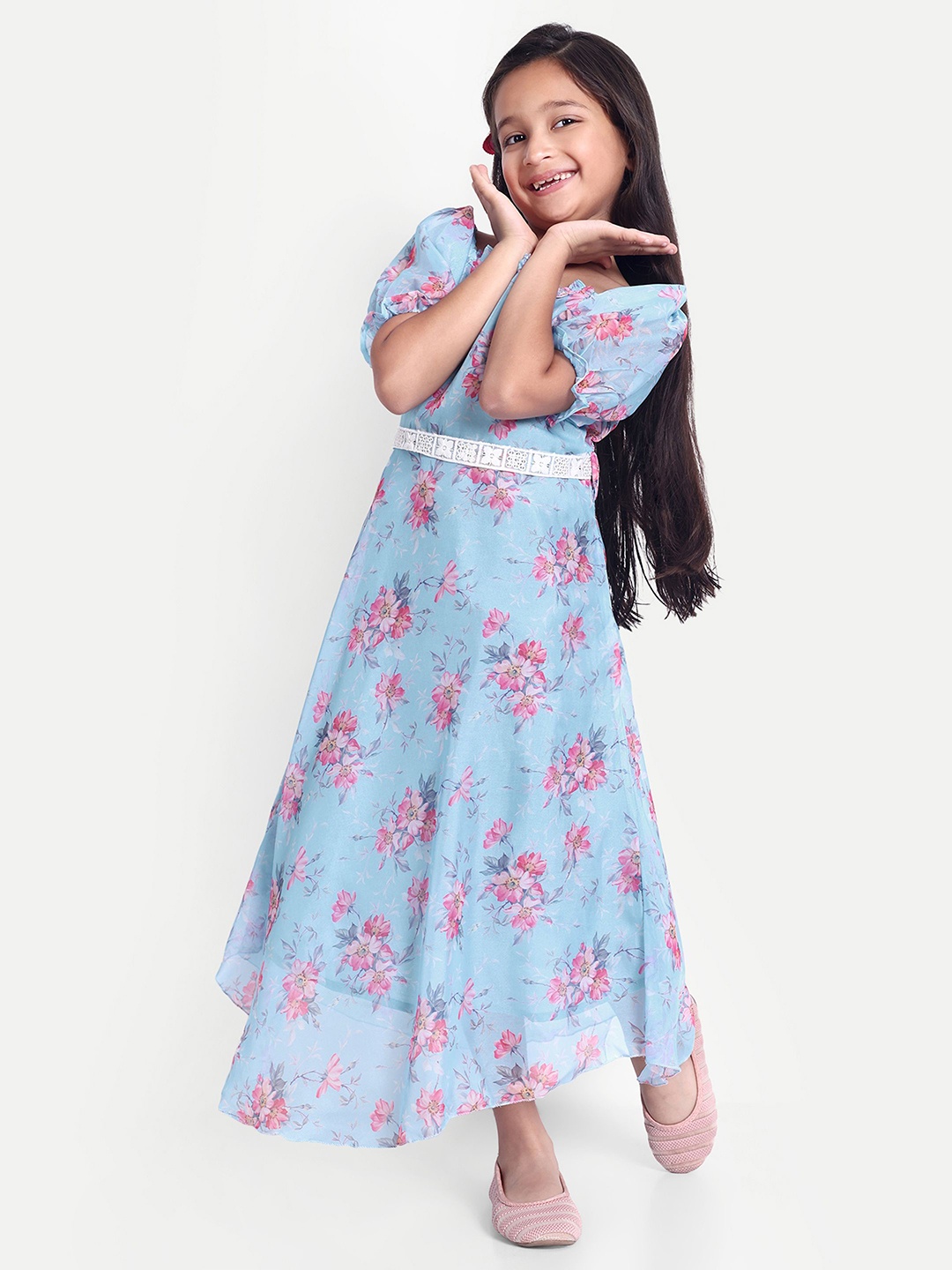 

FEBVIBE Girls Floral Printed Square Neck Maxi Dress, Blue