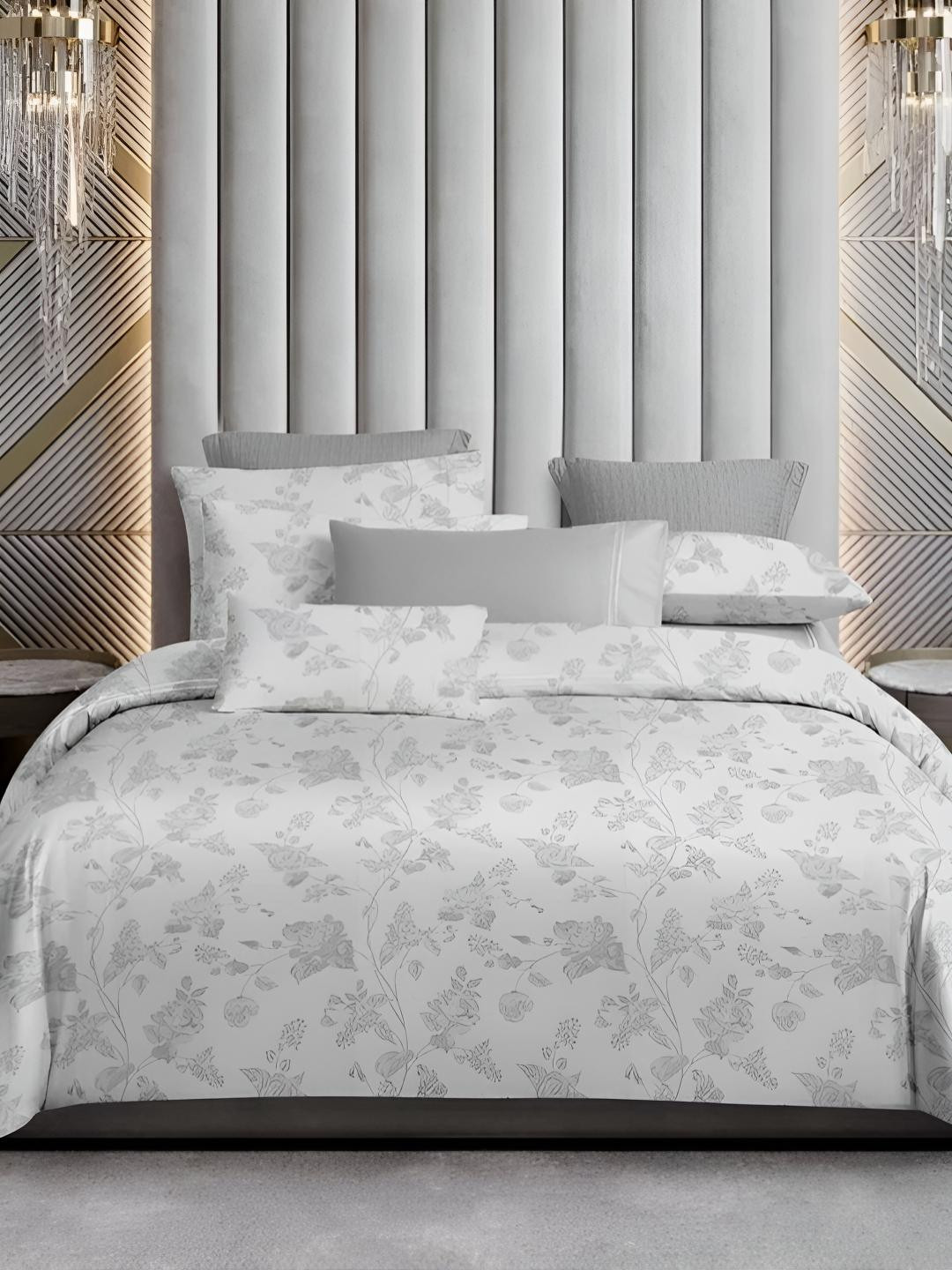 

Sleeping Owls- because your sleep matters White & Grey Floral 400 TC King Bedsheet with 2 Pillow Covers