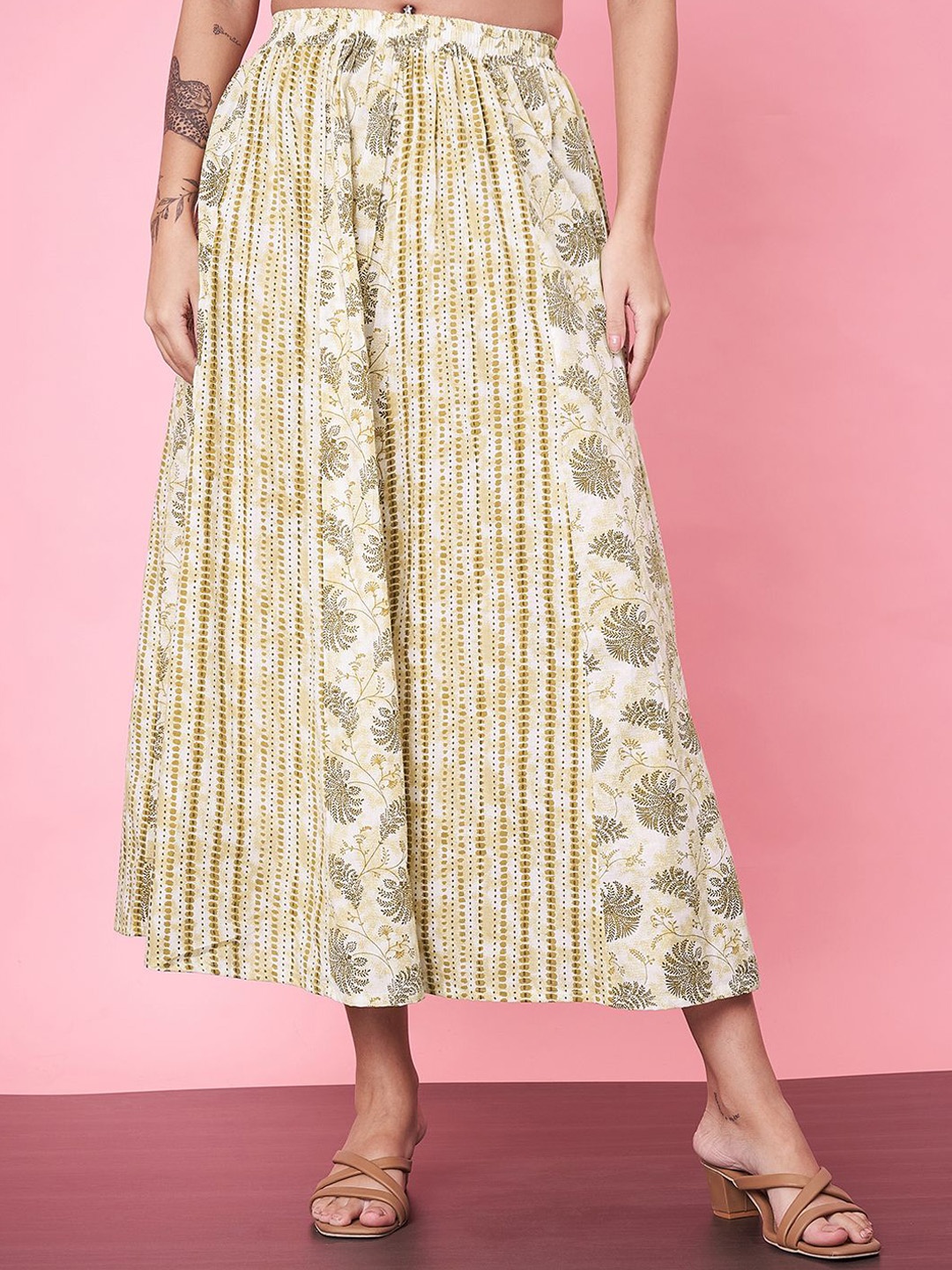

ETC Women Printed Pure Cotton Flared Midi Skirt, Beige
