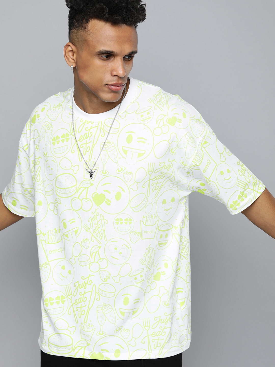 

Kook N Keech Emoji Men White Humour & Comic Print Extended Sleeves Loose Fit T-shirt