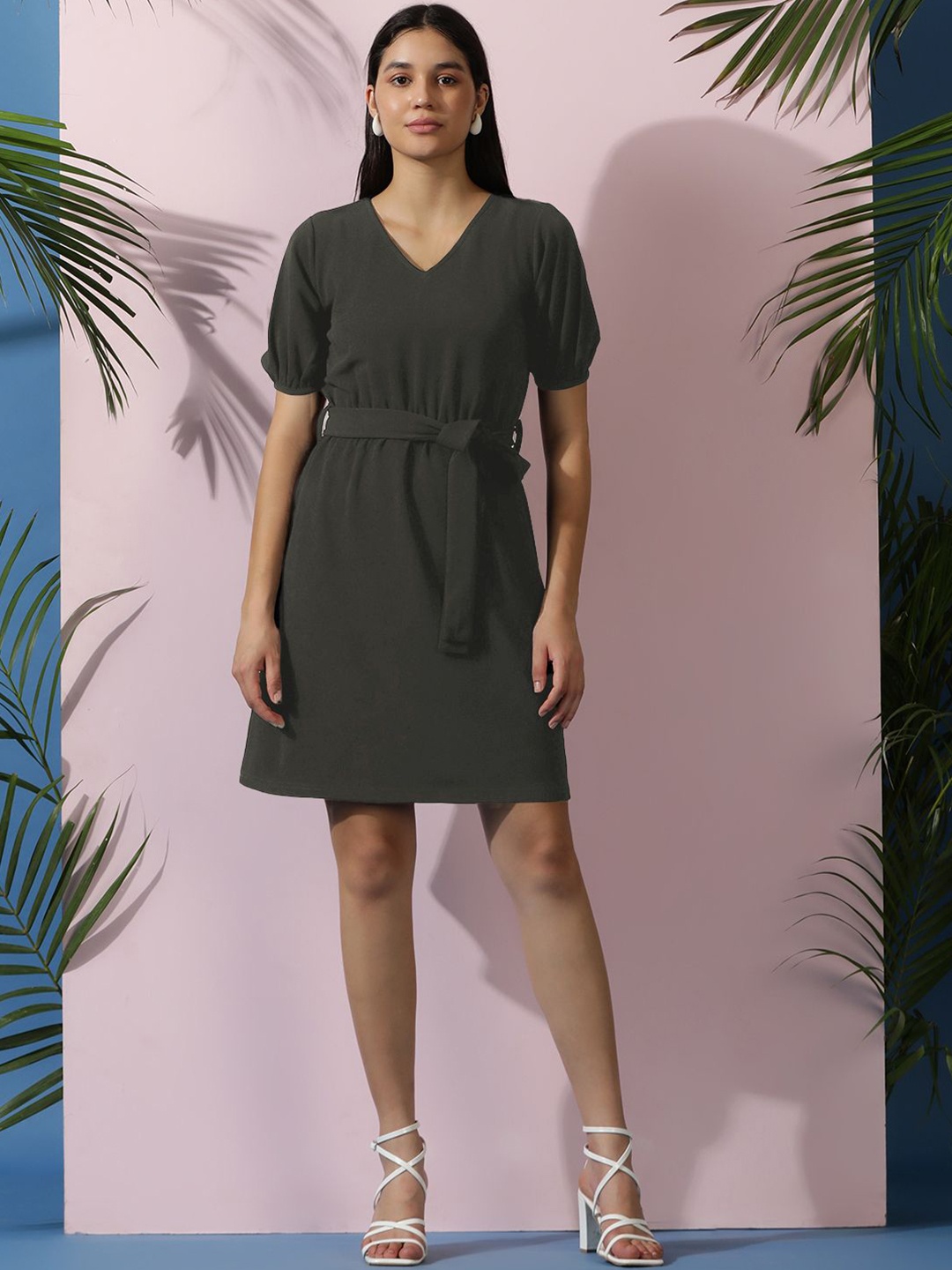 

Kotty Women Solid Puff Sleeve A-Line Dress, Grey