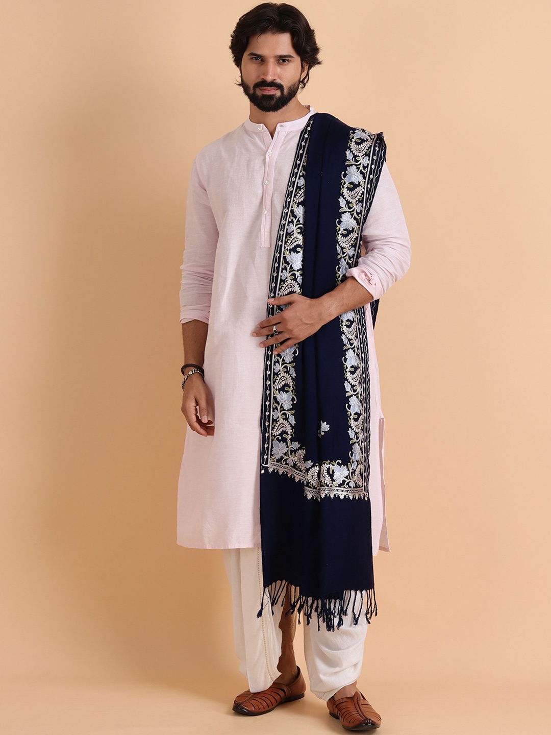 

Tweedle Floral Embroidered Woolen Shawl, Blue