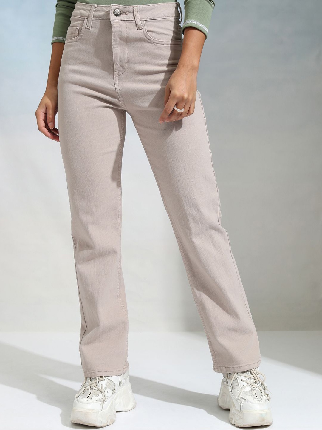 

Tokyo Talkies Women Solid Straight Fit High-Rise Stretchable Jeans, Beige