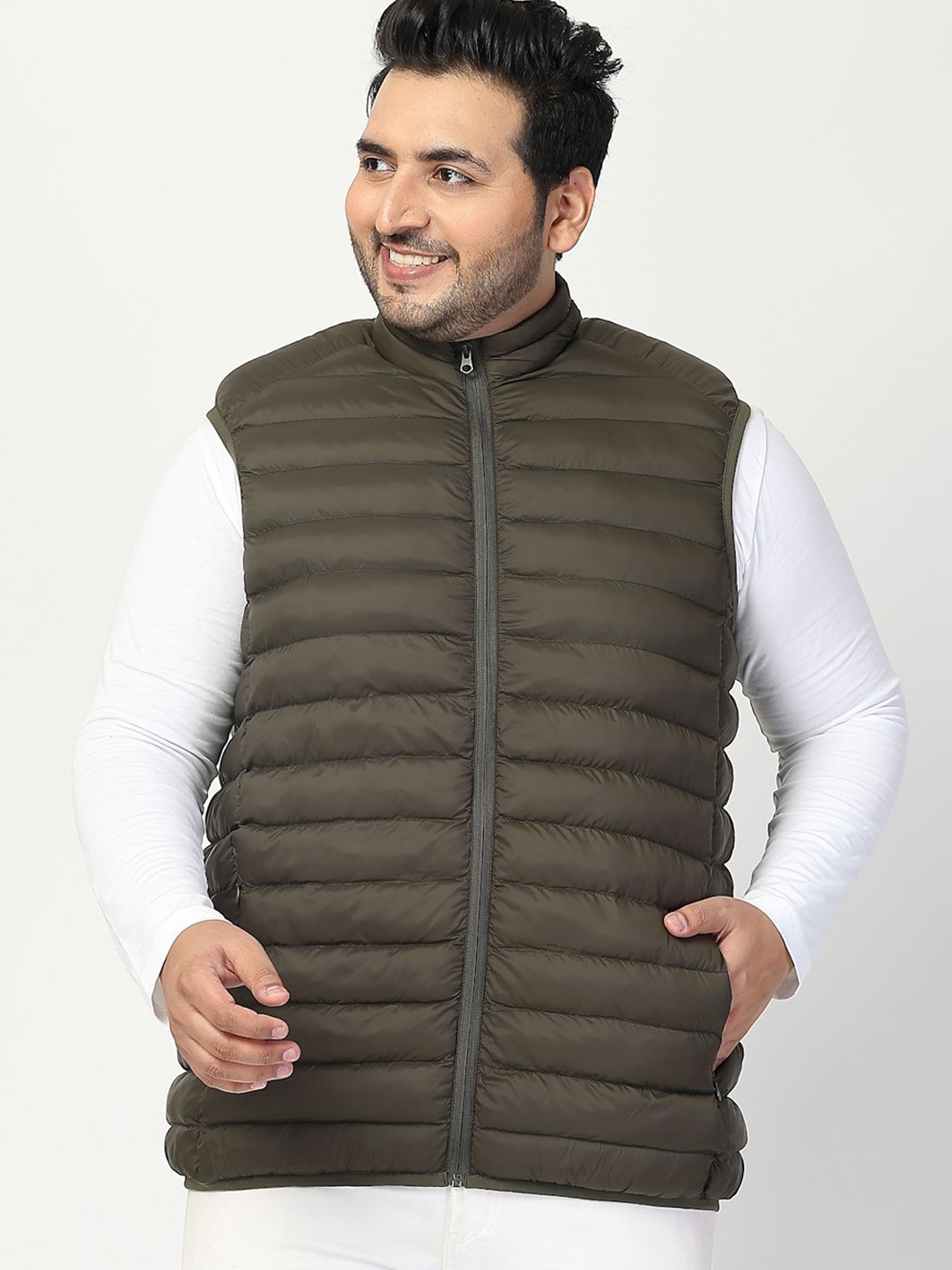 

plusS Men Plus Size Open Front Quilted Sleeveless Puffer Jacket, Olive