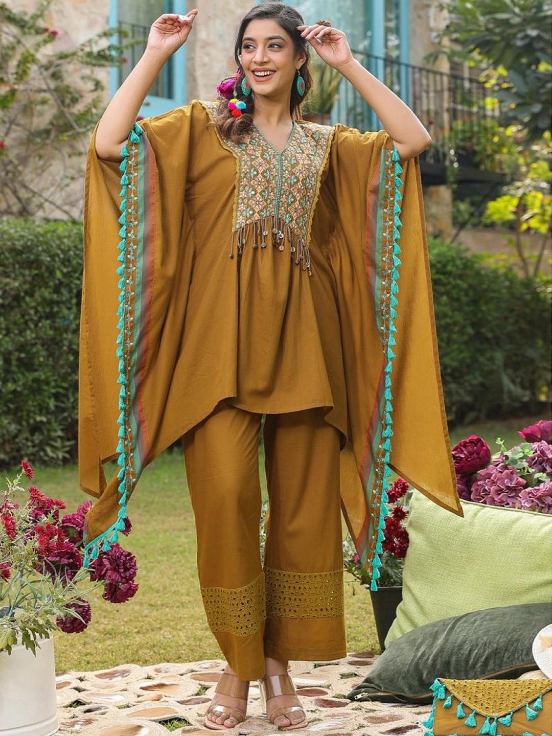 

AUTUMN LANE Floral Printed Pure Cotton Tunic & Trousers, Yellow