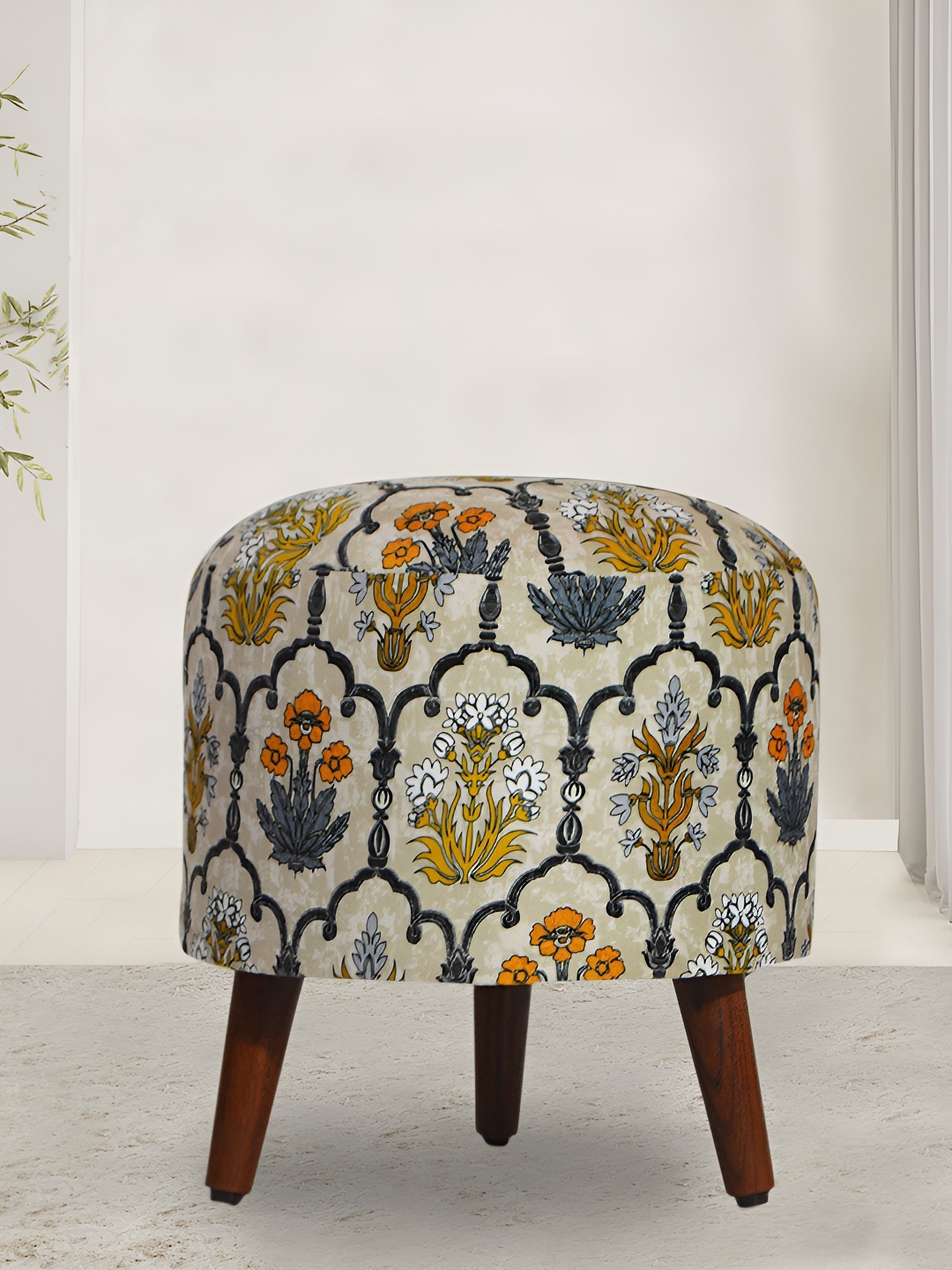 

GLOBALLY INDIAN Beige & Black Printed Wooden Round Puff Ottoman