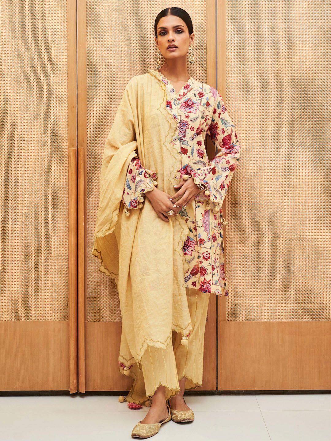 

Sage Saga Floral Printed Pakistani Style Pure Cotton Kurta with Trousers & Dupatta, Yellow