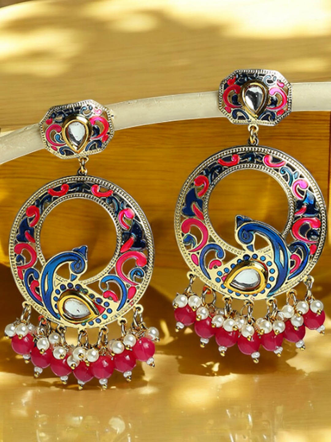 

OOMPH Peacock Shaped Kundan Meenakari Chandbalis Earrings, Pink
