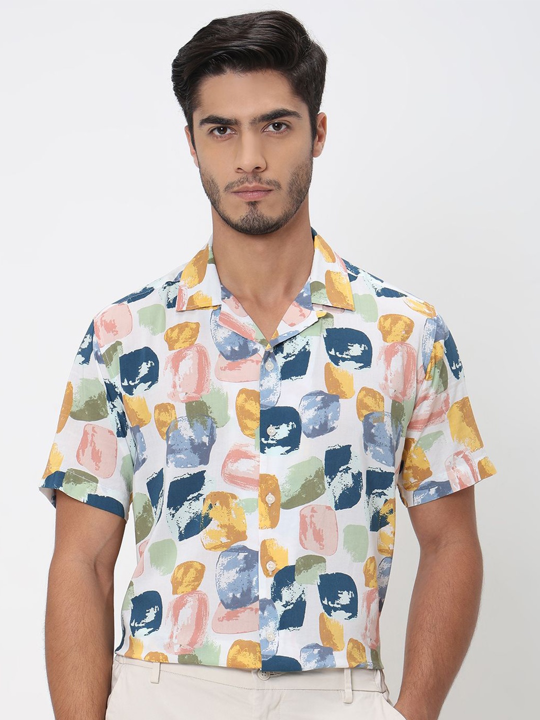 

Mufti Men Cuban Collar Abstract Printed Cotton Slim Fit Casual Shirt, Multi