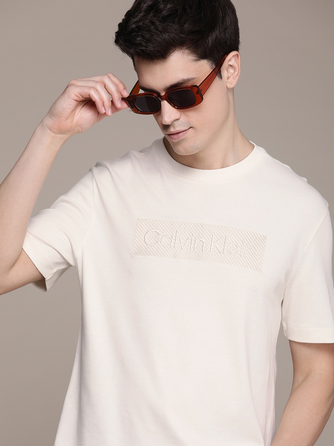 

Calvin Klein Jeans Brand Logo Embroidered Pure Cotton T-shirt, Off white