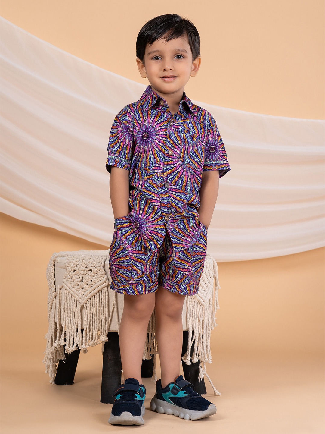 

BEBE UNICORN Boys Printed Shirt Collar Neck Short Sleeves Viscose Rayon Shirt With Shorts, Purple