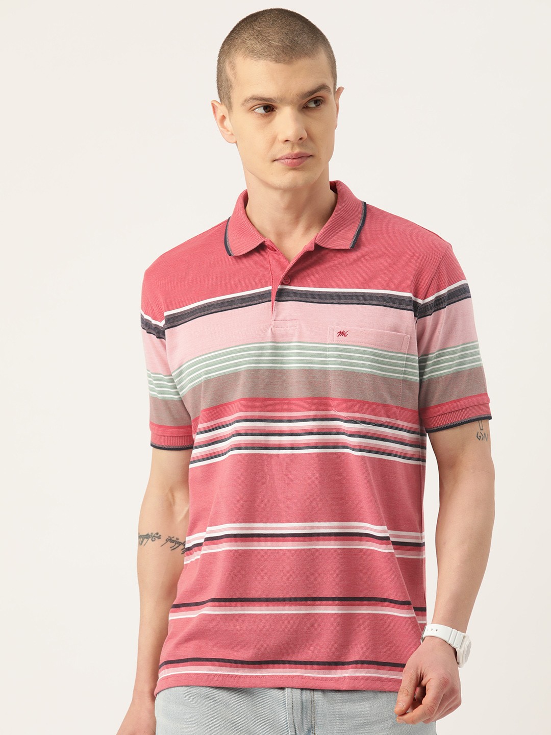 

Monte Carlo Striped Polo Collar Pure Cotton T-shirt, Red