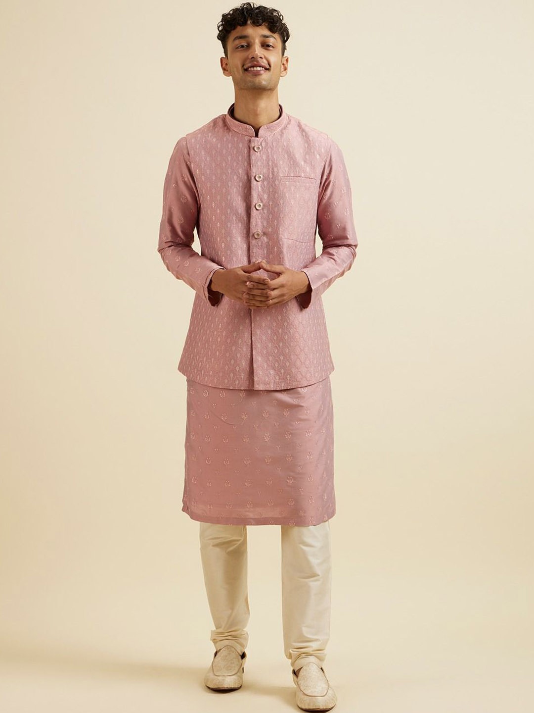 

Manyavar Men Embroidered Regular Kurta and Pyjamas with Jacket, Pink