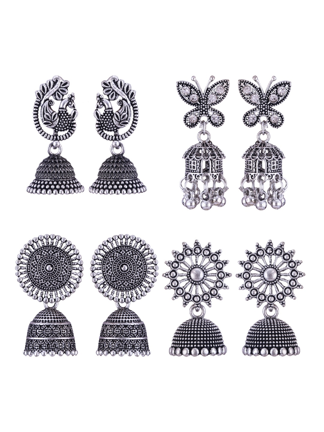 

DIVASTRI Set Of 4 Silver-Plated Dome Shaped Oxidised Jhumkas