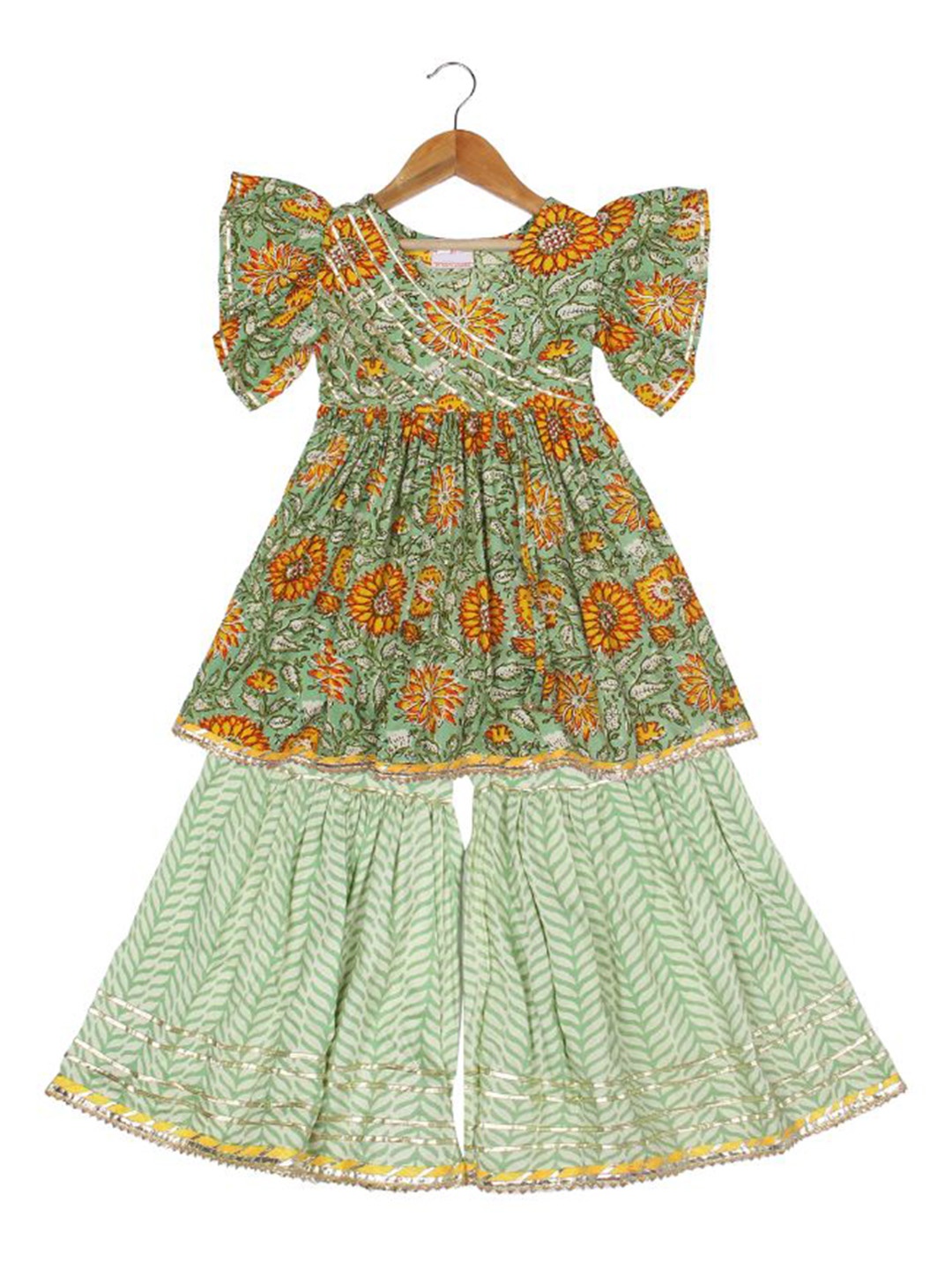 

AATYA KIIDS Girls Floral Printed Empire Zari Pure Cotton Anarkali Kurti with Sharara, Green