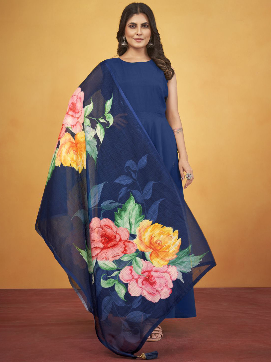 

STYLE SAMSARA Sleeveless Anarkali Kurta With Trouser & Dupatta, Blue