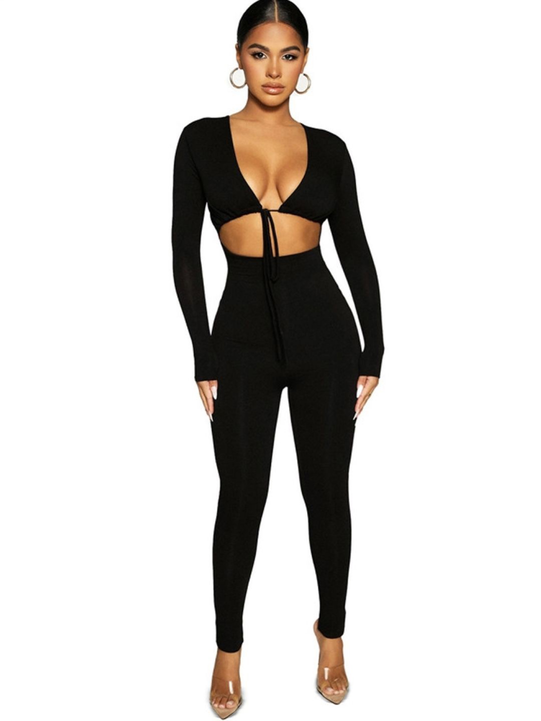 

KPOP Women Solid V-neck Long Sleeves Basic Jumpsuit, Black