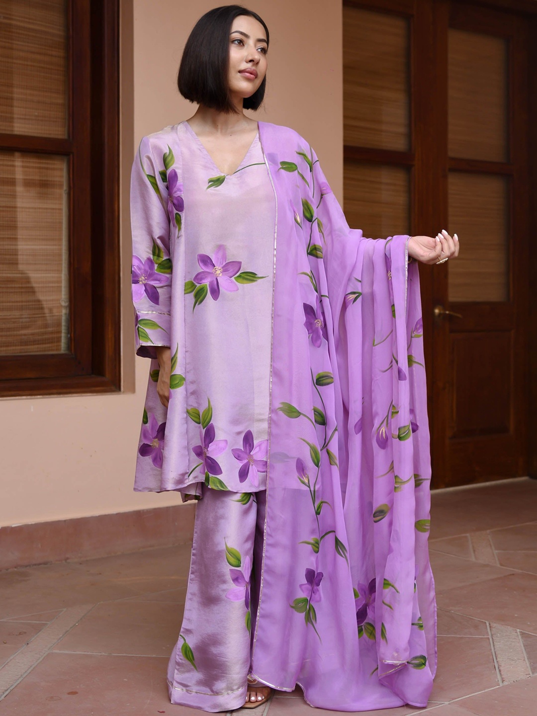 

Rangeelo Floral Printed V-Neck A-line Kurta With Palazzos & Dupatta, Purple