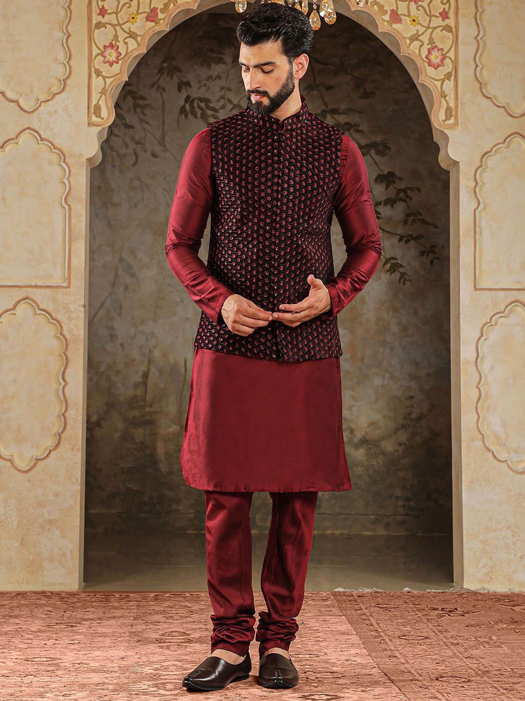 

HOUSE OF DEYANN Mandarin Collar Velvet Straight Kurta with Churidar & Nehru Jacket, Maroon