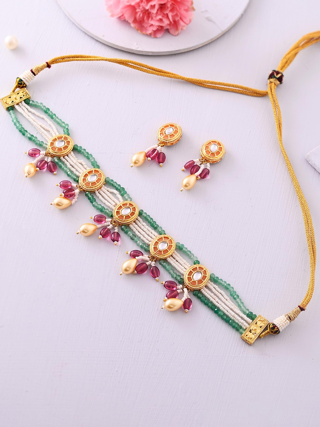 

DASTOOR Gold-Plated Kundan-Studded & Beaded Necklace & Earrings