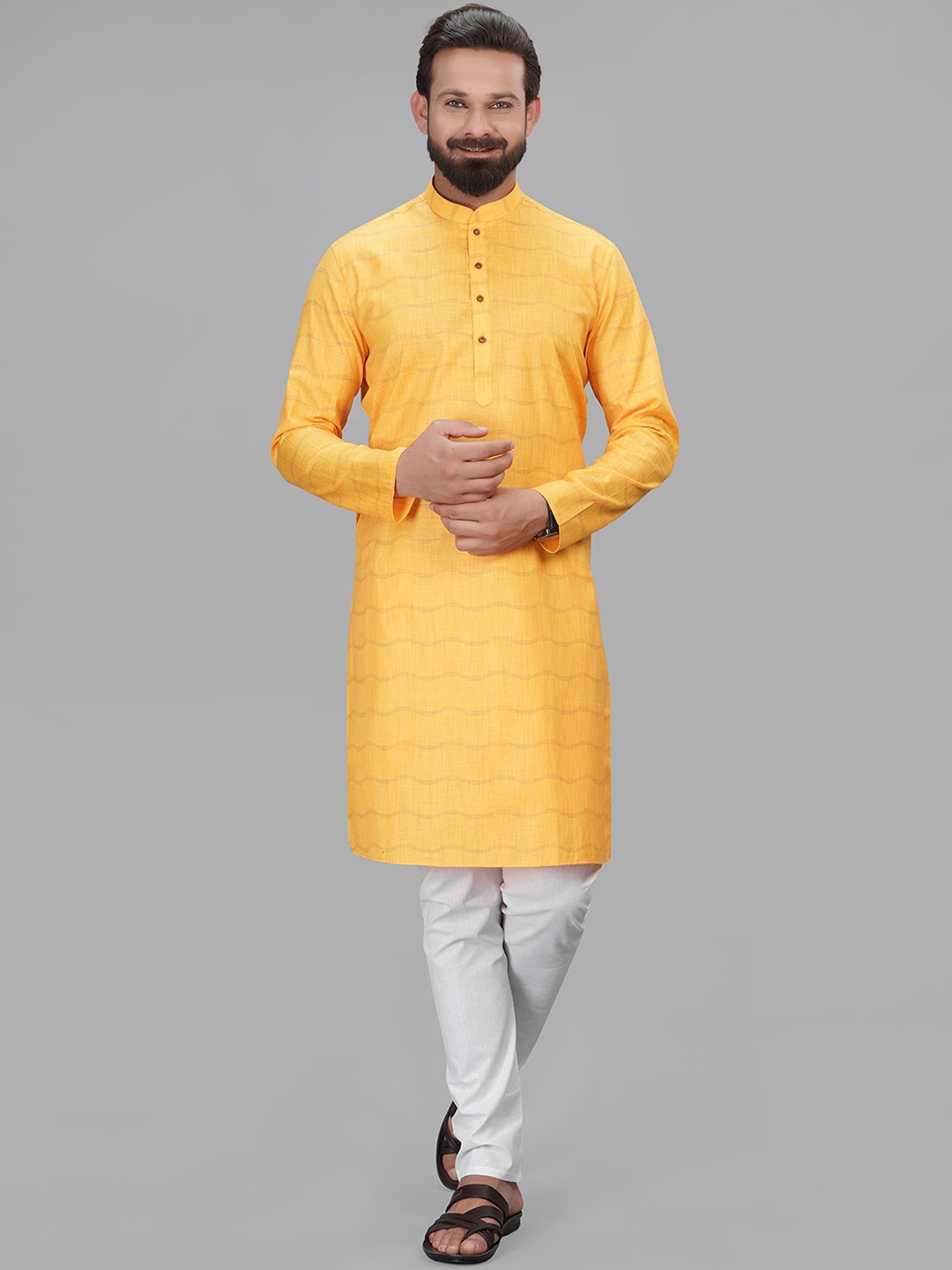 

LA'SCOOT Striped Mandarin Collar Pure Cotton Straight Kurta with Pyjamas, Yellow