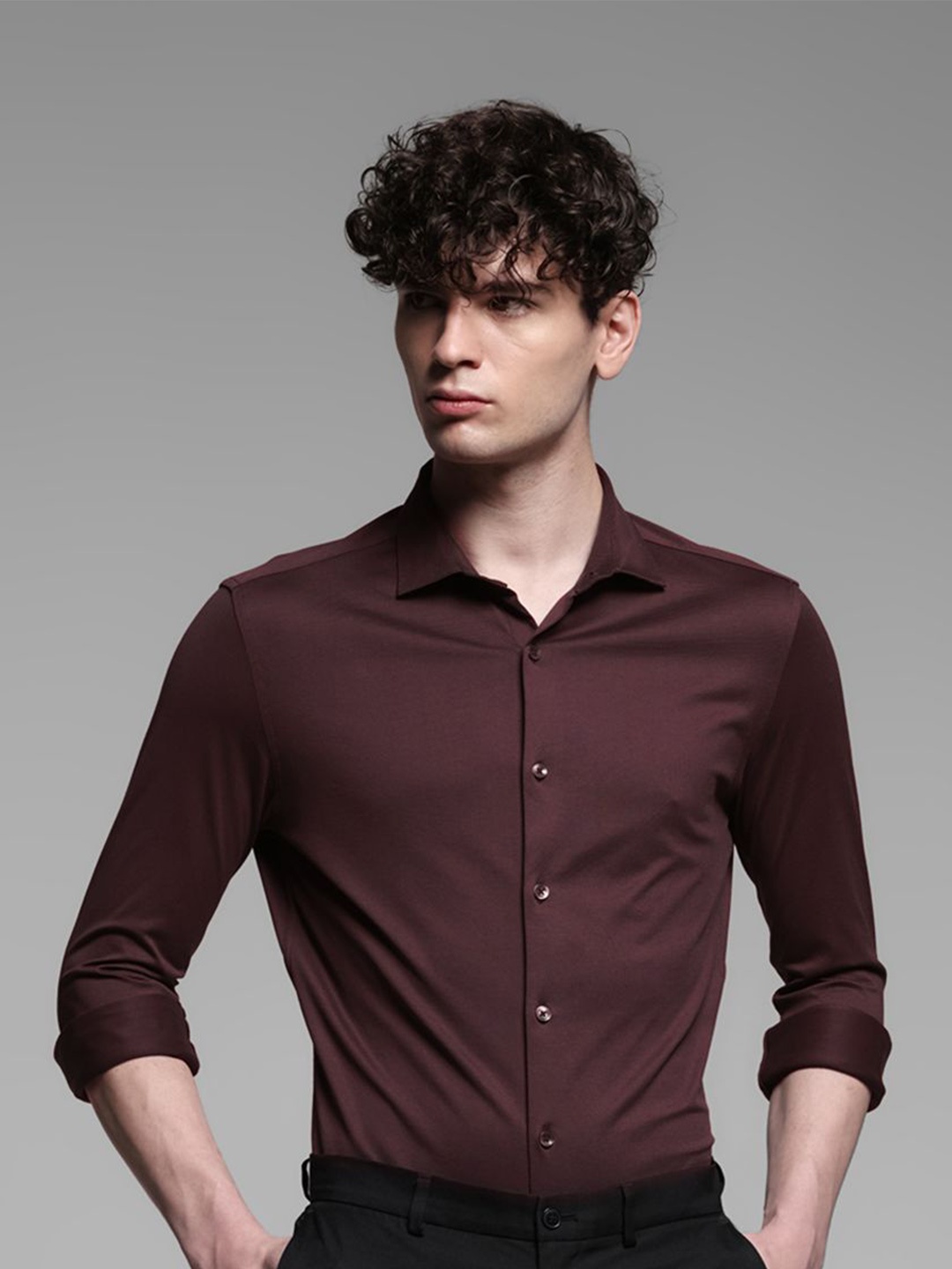 

Jack & Jones Men Spread Collar Solid Cotton Slim Fit Casual Shirt, Maroon