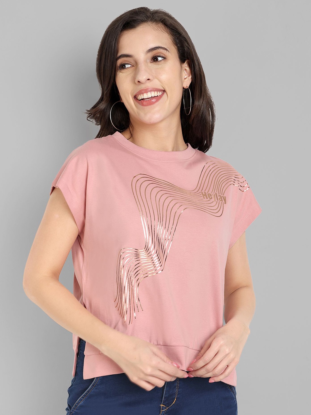 

HEYLAY Women Printed Drop-Shoulder Sleeves Pure Cotton T-shirt, Orange