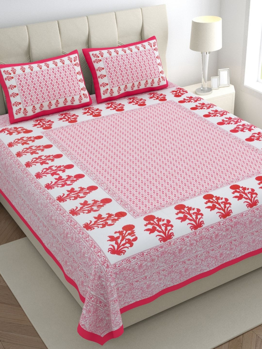 

The Craft Monk White & Pink Floral Cotton 300 TC Super King Bedsheet & 2 Pillow Covers