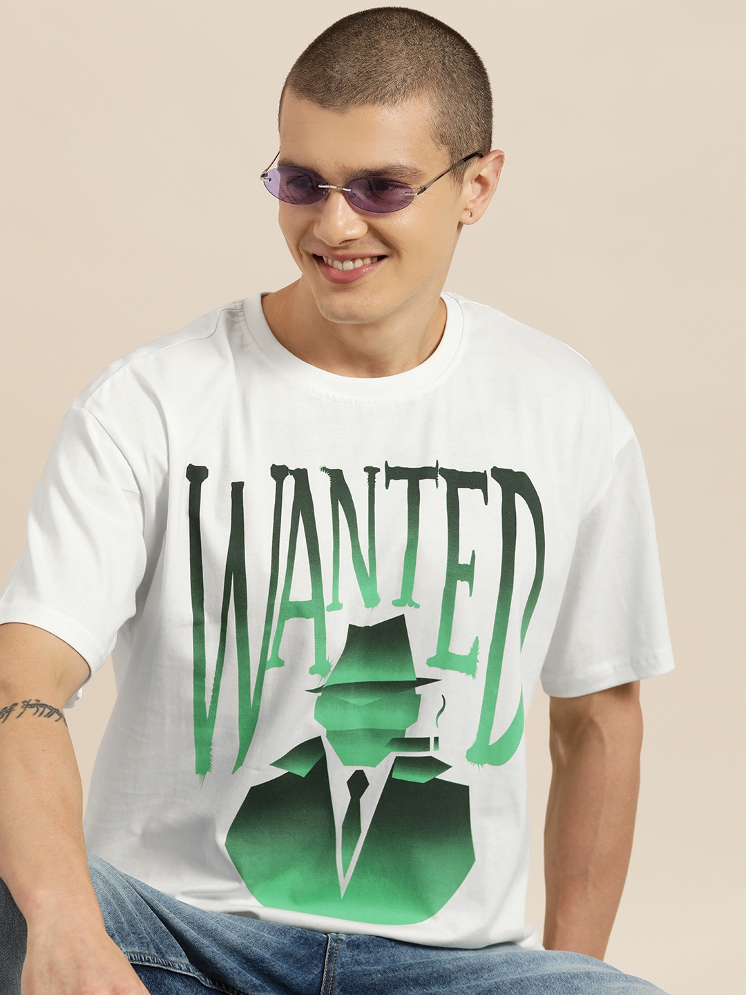 

HERE&NOW Printed Drop-Shoulder Sleeves Pure Cotton T-shirt, White