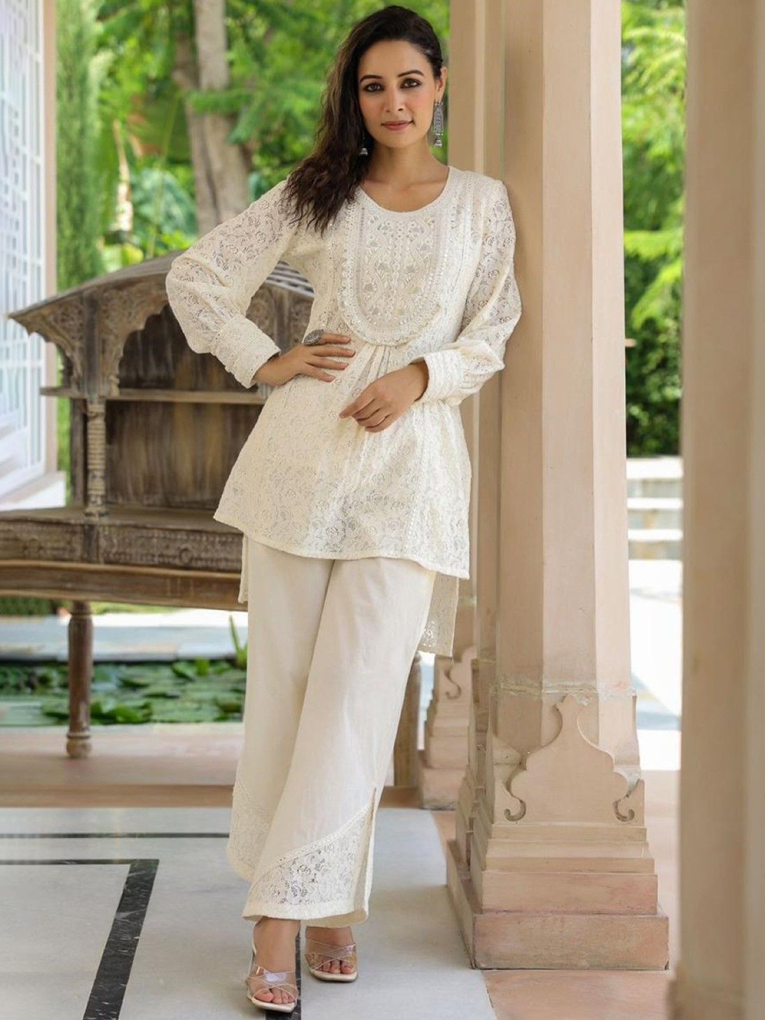 

AUTUMN LANE Bisu Ivory Elegant Self Design Pure Cotton Tunic With Trousers, Off white