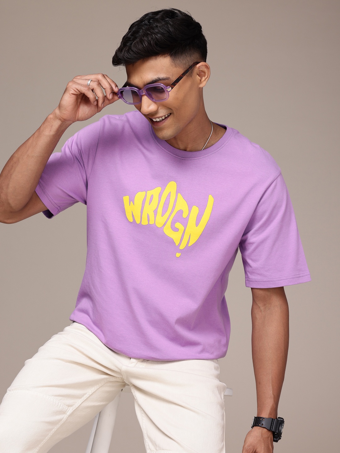 

WROGN Men Brand Logo Printed Pure Cotton T-shirt, Lavender