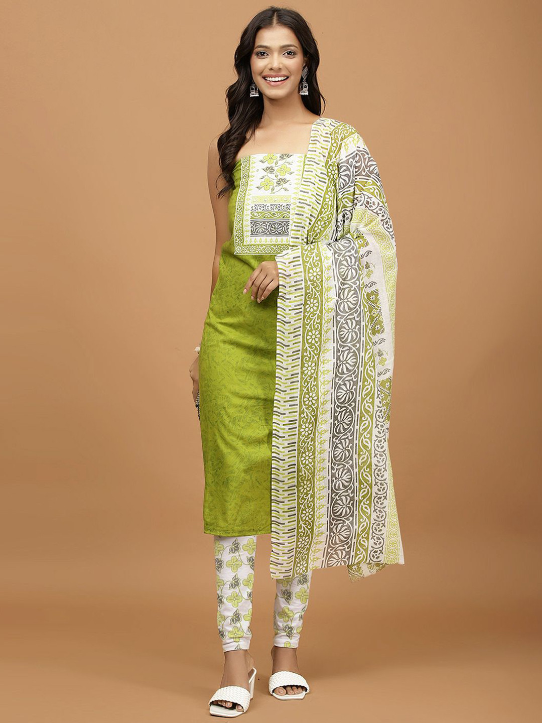 

Meena Bazaar Floral Printed Mirror Work Unstitched Dress Material, Green