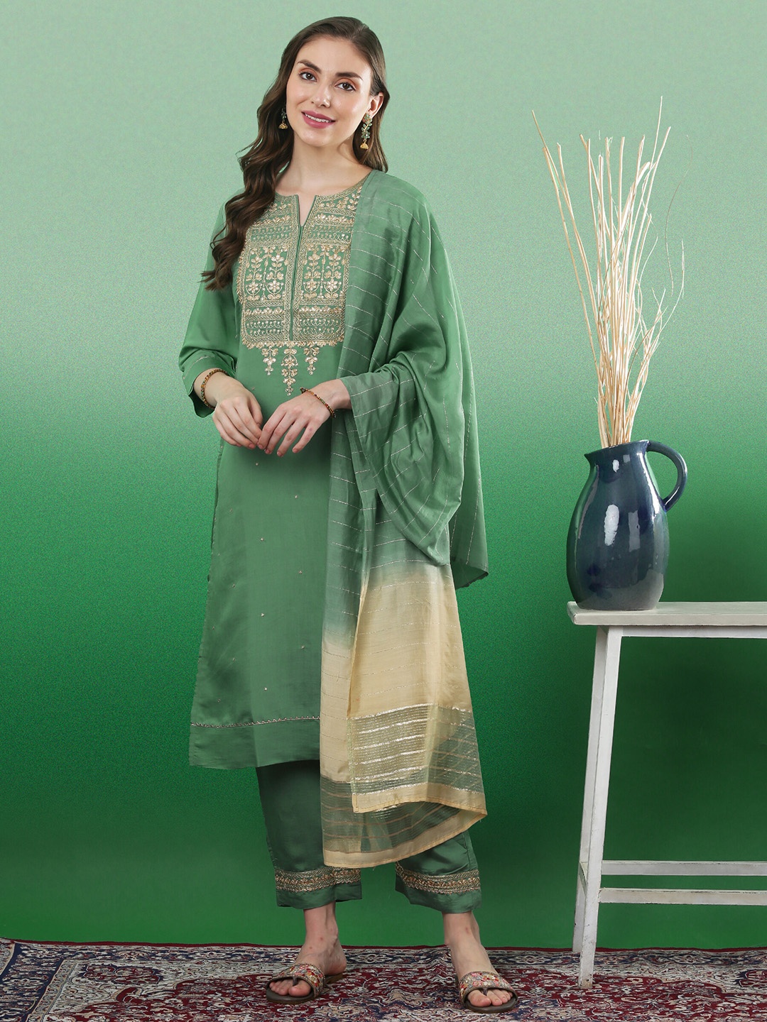 

Sangria Floral Yoke Design Sequinned Straight Kurta & Trouser With Dupatta, Sea green