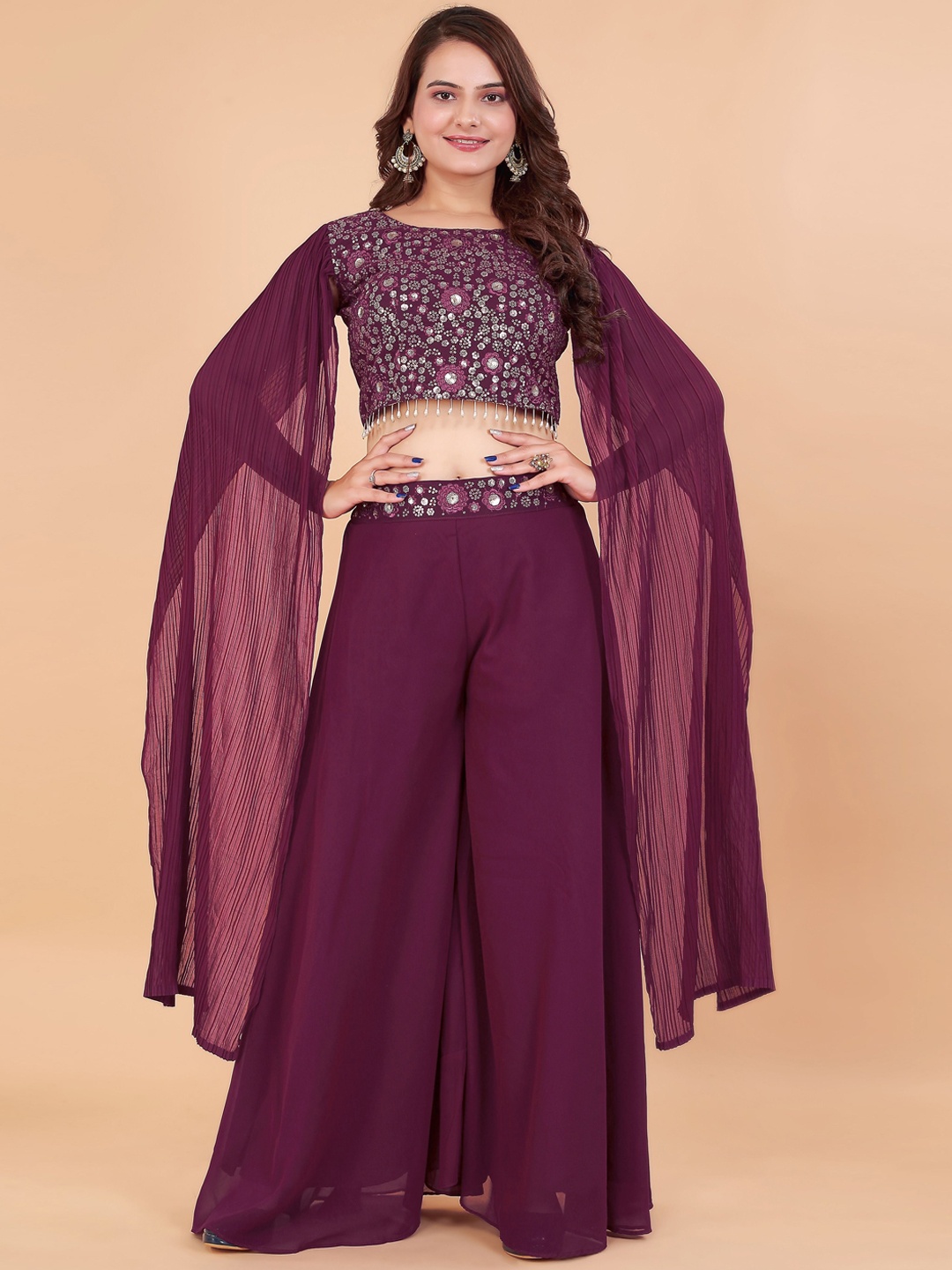 

ROZLAND Embroidered Crop Top With Palazzos Co-Ords, Maroon