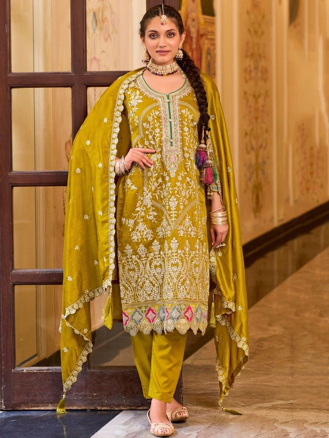 

AUTUMN LANE Floral Embroidered Kurta With Trousers & Dupatta, Yellow
