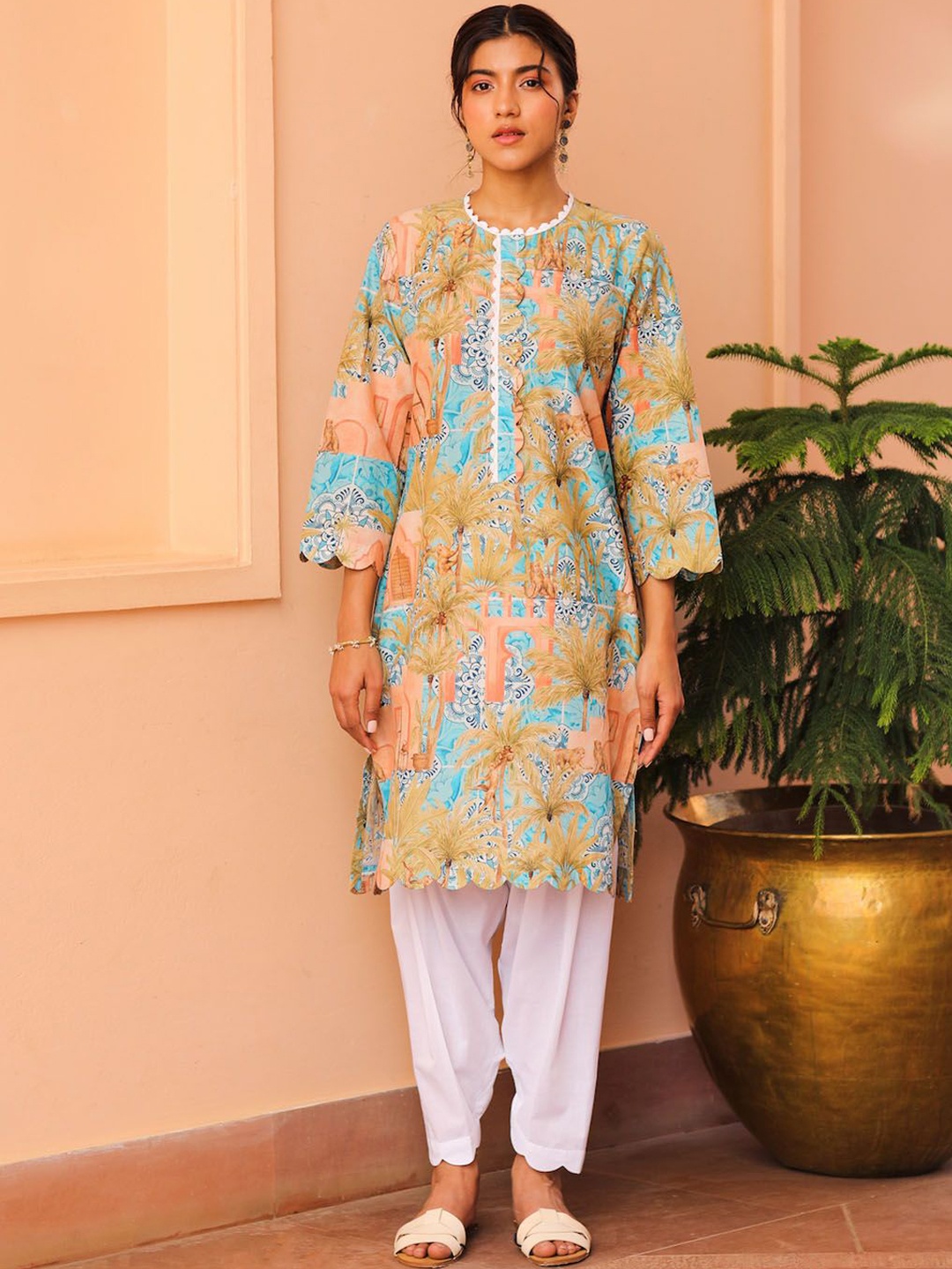 

Sage Saga Floral Printed Pure Cotton Pakistani Style Kurta With Salwar, Blue