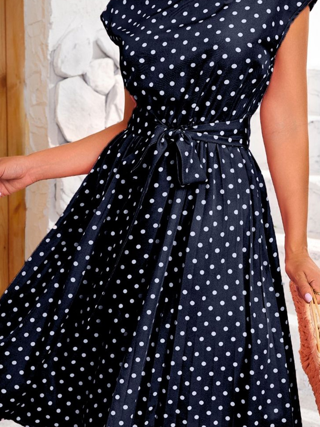 

KPOP Women Polka Dot Print Fit and Flare Dress, Navy blue