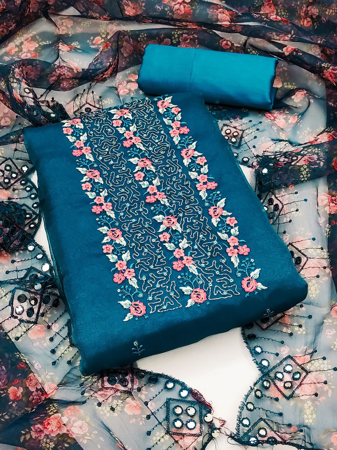 

KALINI Floral Embroidered Organza Unstitched Dress Material, Teal