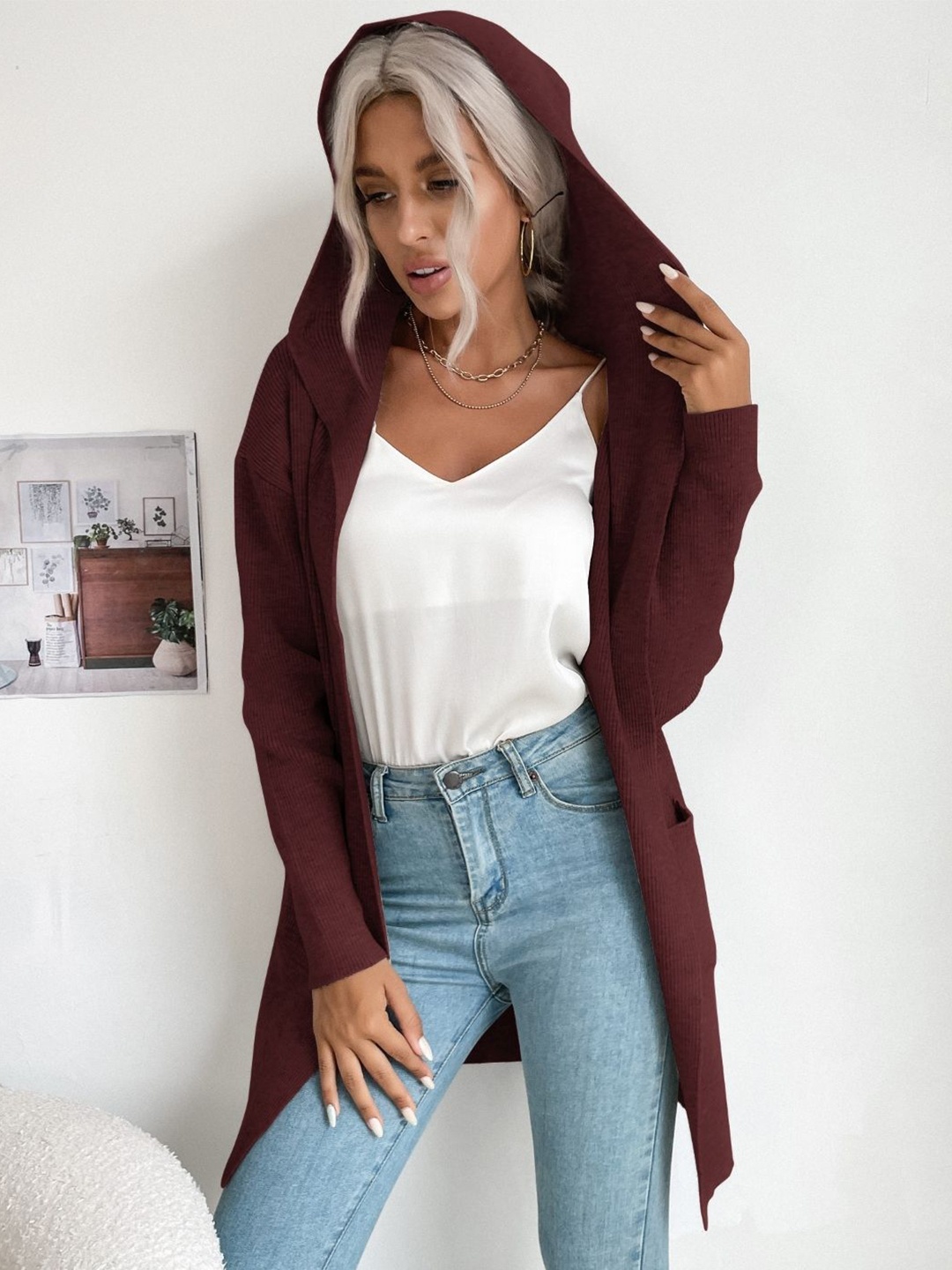 

KPOP Women Hood Long Sleeves Longline Cardigan, Red