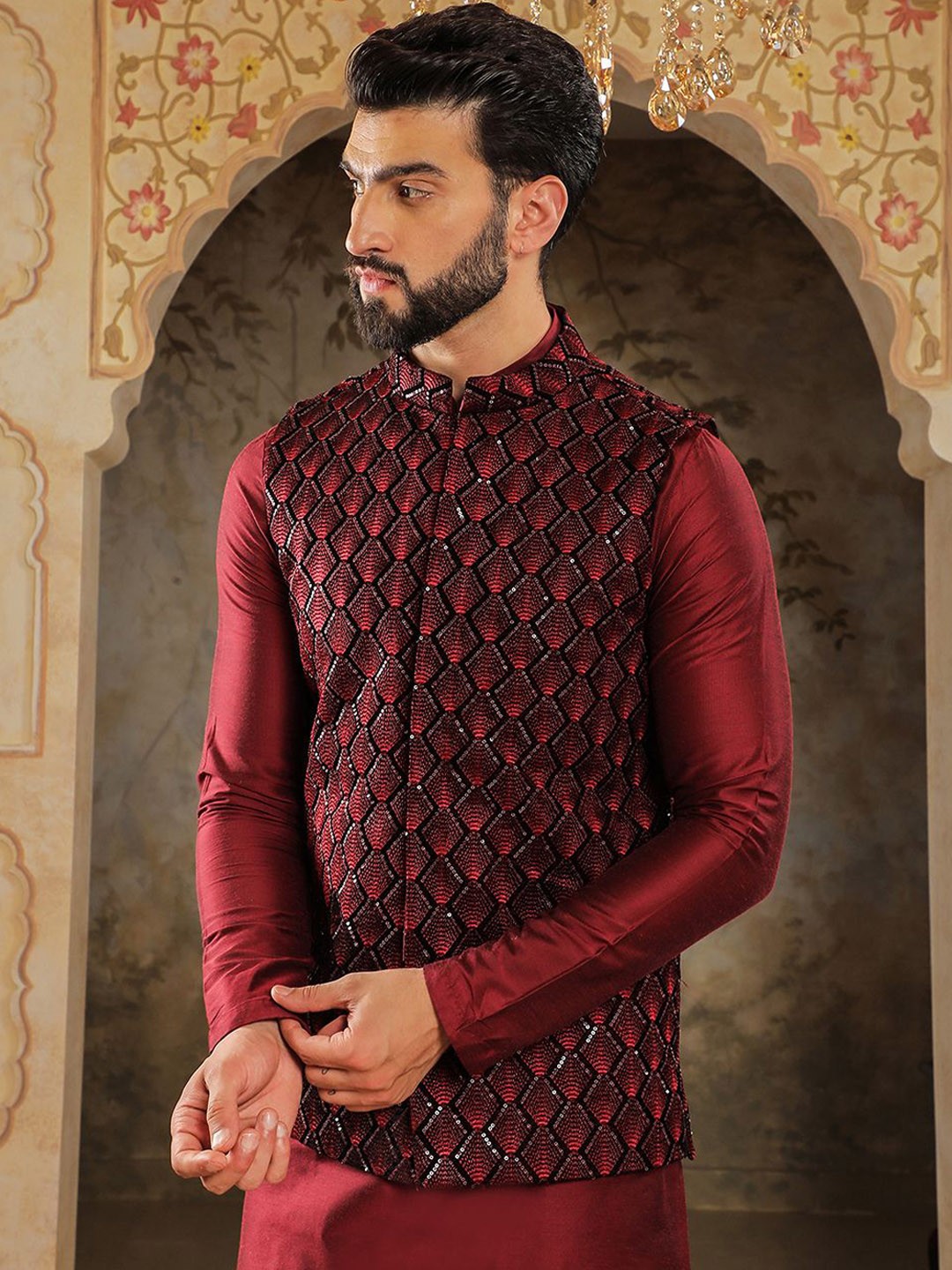 

HOUSE OF DEYANN Embroidered Nehru Jackets, Maroon