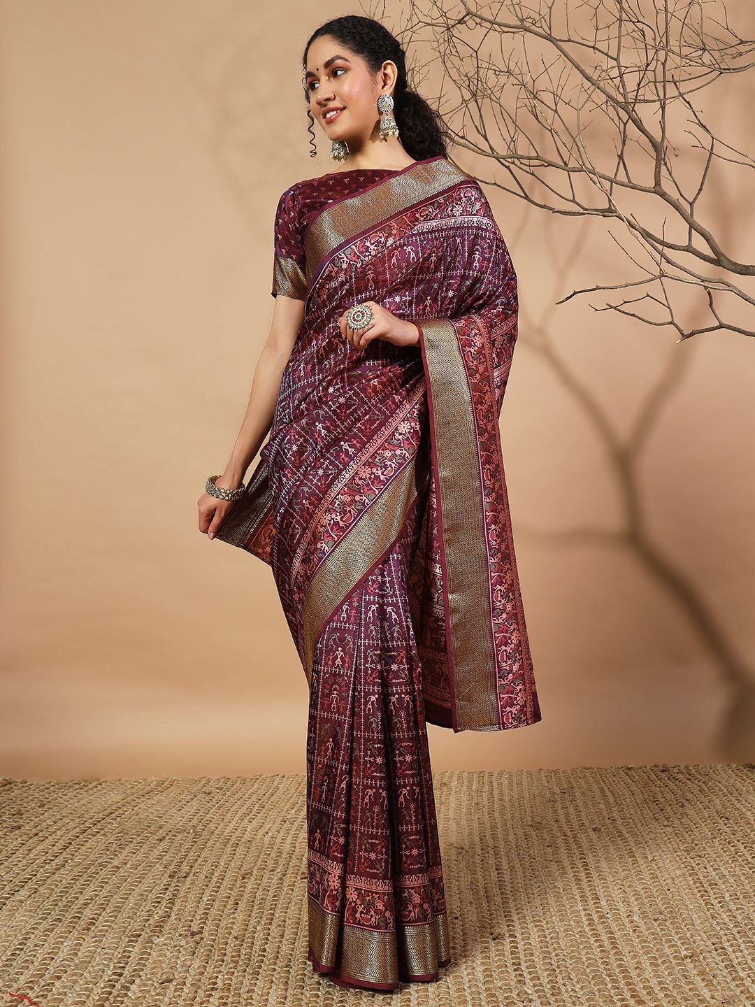 

RACHNA Warli Printed Zari Pure Silk Patola Saree, Purple