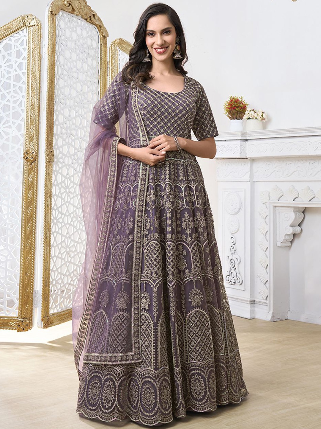 

Inddus Ethnic Motifs Embroidered Sequinned Anarkali Kurta With Dupatta, Mauve