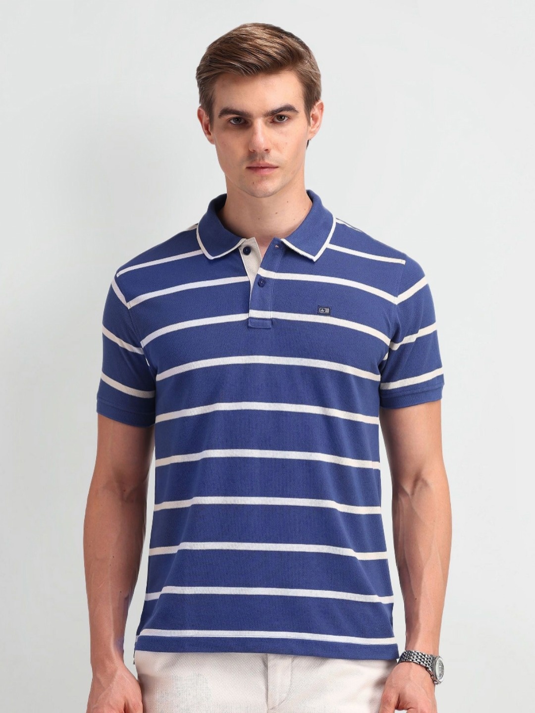 

Arrow Sport Men Striped Polo Collar T-shirt, Blue
