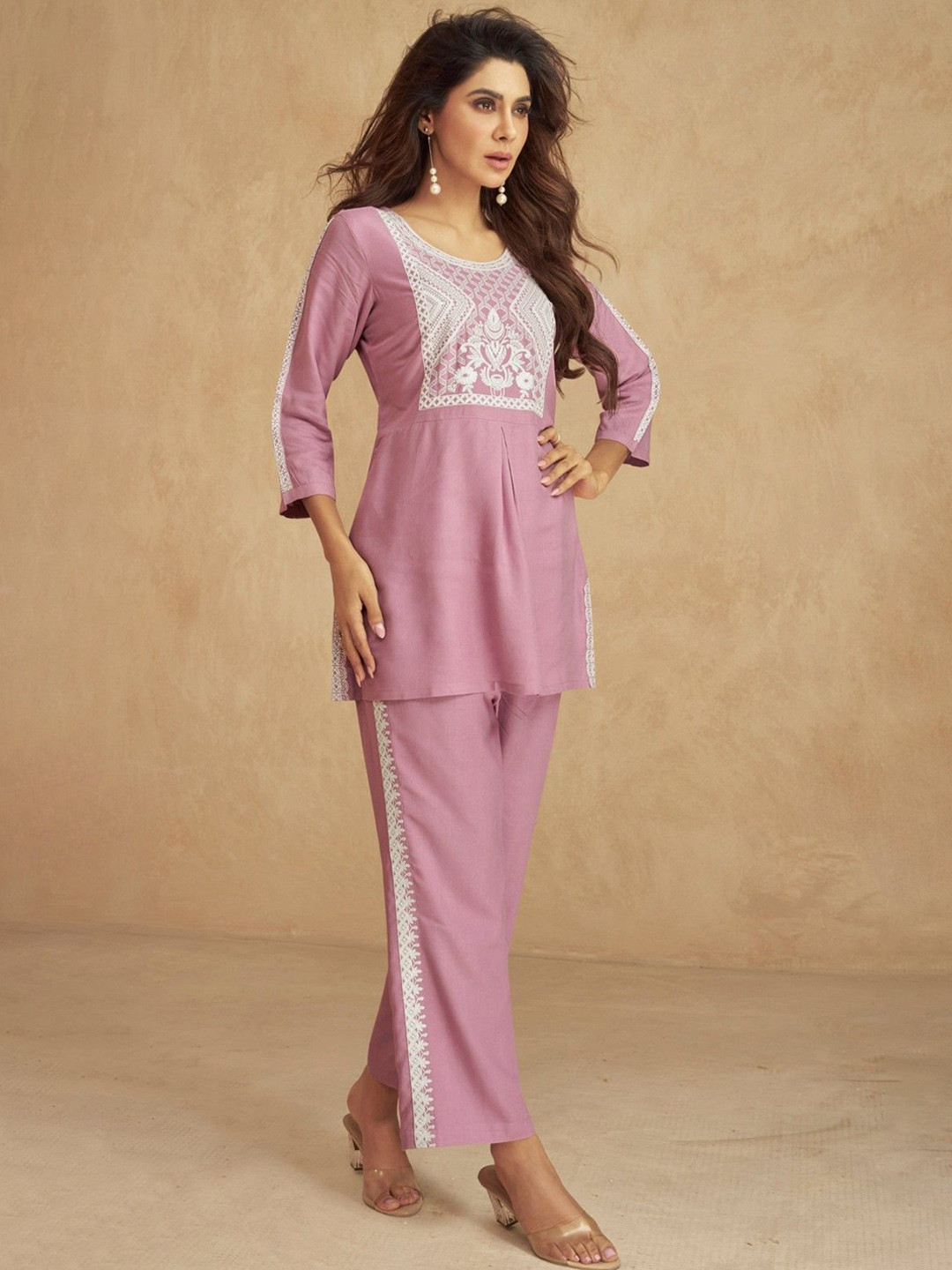 

AUTUMN LANE Floral Embroidered Tunic With Trousers, Pink